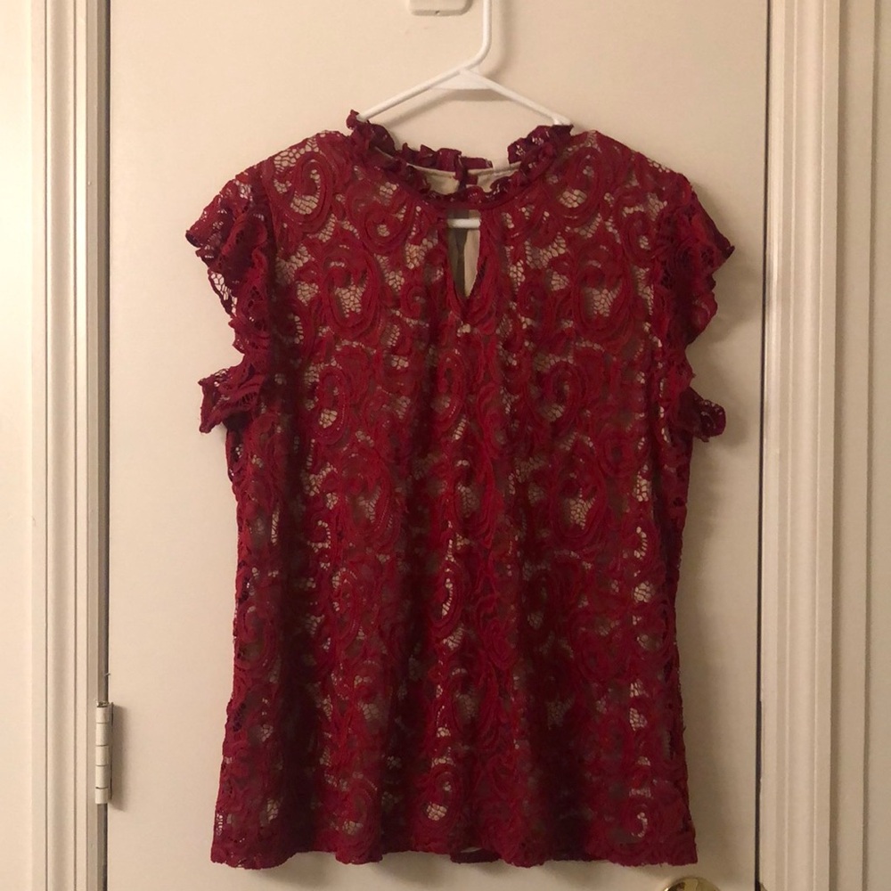 Red Ruffled Cap Sleeve Blouse with Mandarin Collar